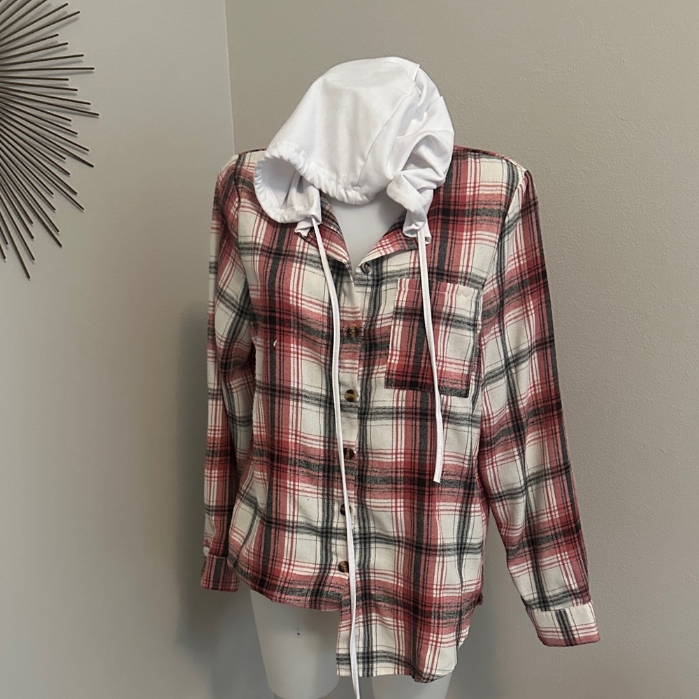 Red and White Plaid Button-Up Hoodie